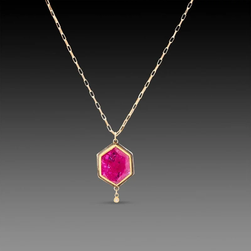 Personalized Silver Pendant Necklace-Ruby Hexagon Necklace with Diamond Drop