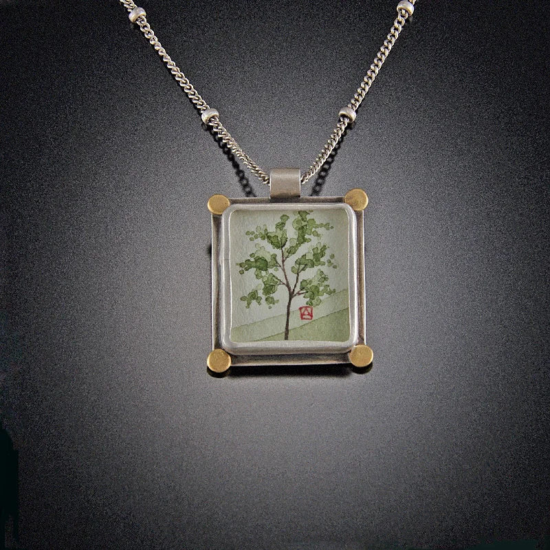 Silver Heart Pendant Necklace-Small Rectangle Spring Maple Necklace