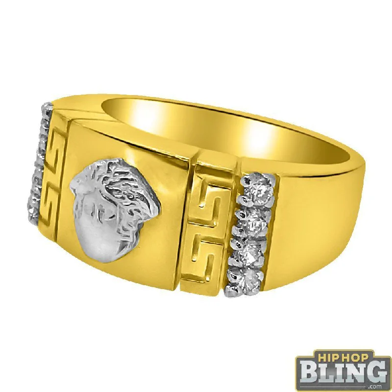 Crystal Cocktail Ring-10K Gold 2 Tone Medusa Greek Bar Pattern CZ Ring