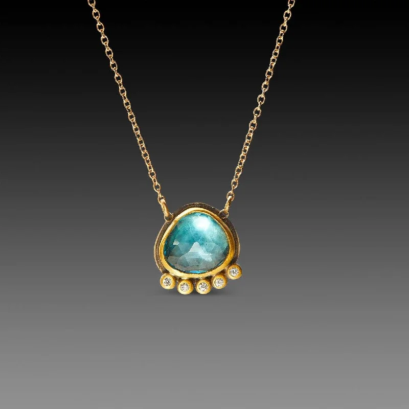 Natural Gemstone Necklace-London Blue Topaz Necklace with Diamond Line