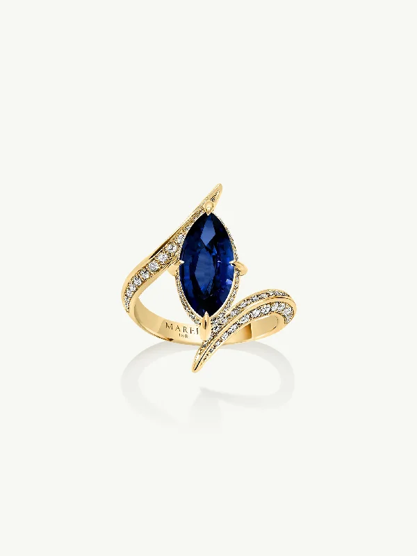 Unique Promise Band-Ayla Arabesque Engagement Ring With Marquise-Cut Blue Sapphire & Brilliant Pavé-Set White Diamonds In 18K Yellow Gold