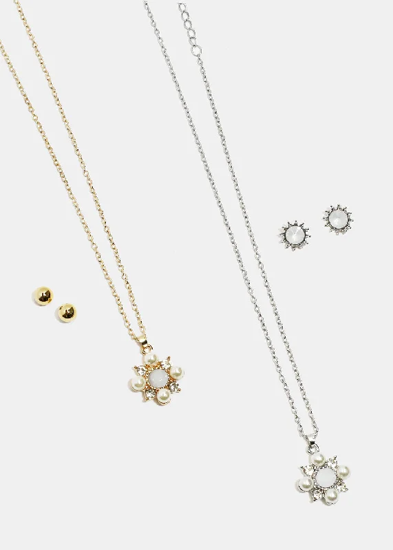 Dainty Gold Chain Necklace-Flower Necklace & Earrings Set