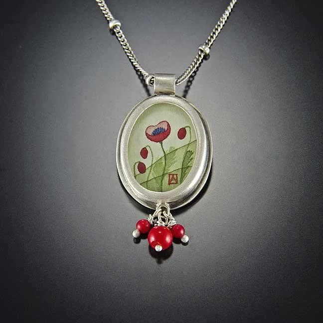 Black Pendant Necklace-Oval Poppy Necklace with Coral