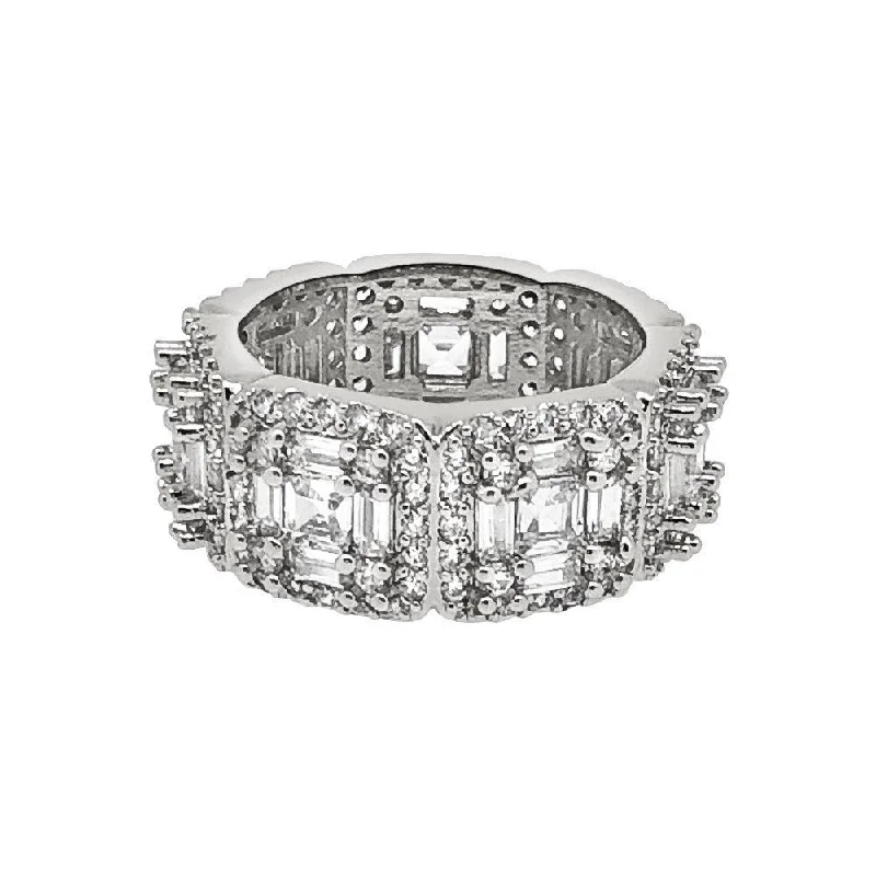 Silver Engagement Ring with Diamonds-Exotic Baguette Princess Eternity Band Rhodium Bling CZ Ring