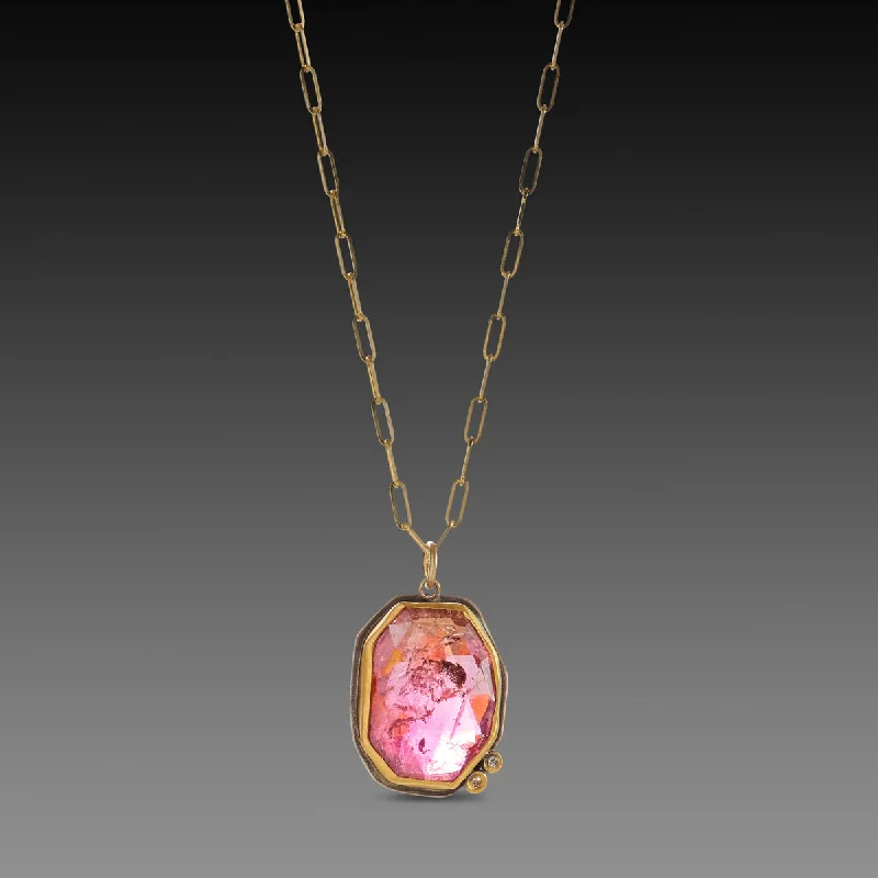 Gold Rope Chain Necklace-Luminous Pink Tourmaline Necklace