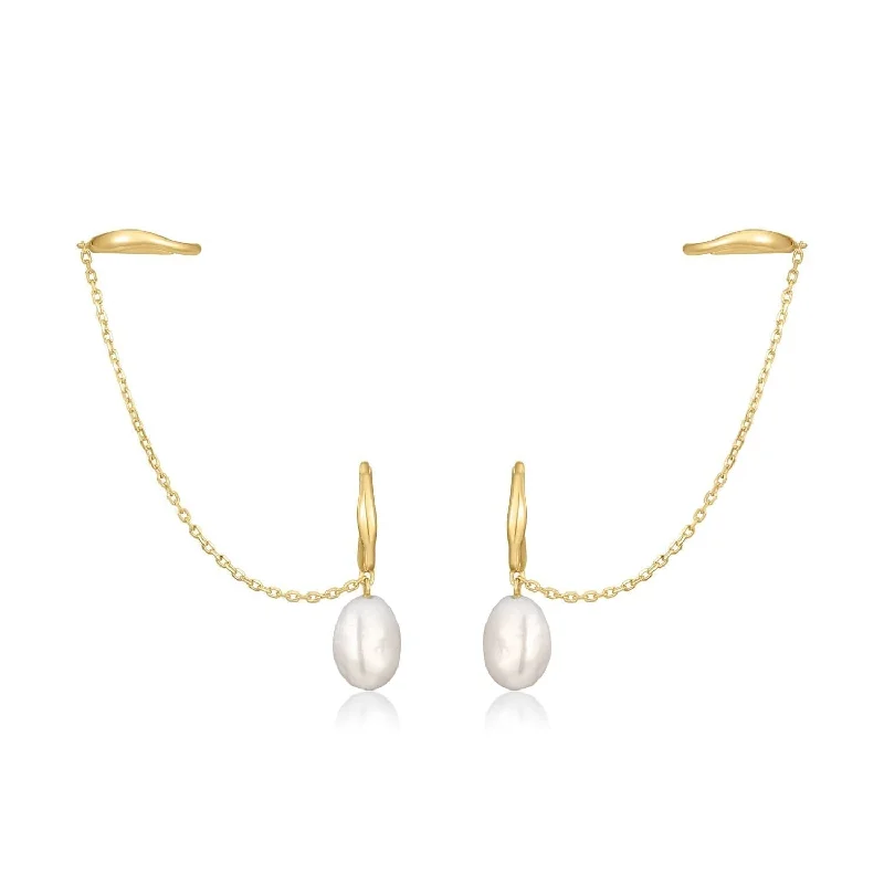 Boho Style Earrings-14K Earcuff & Pearl Drop Huggie Hoop Earrings