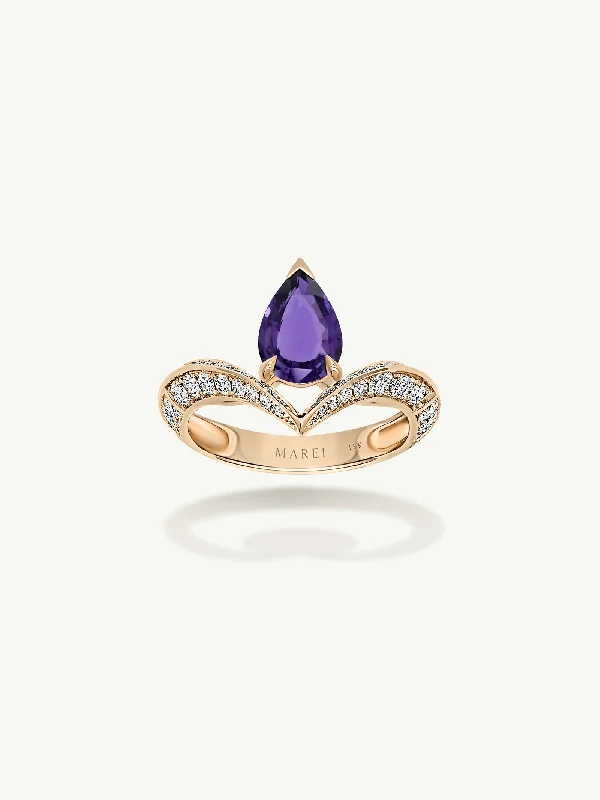 Gold Engagement Ring-Dorian Floating Teardrop-Shaped Ultra Violet Purple Sapphire Engagement Ring In 18K Yellow Gold