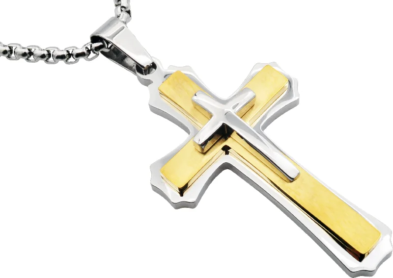 Gemstone Choker Necklace-Mens Gold Plated Stainless Steel Cross Pendant Necklace