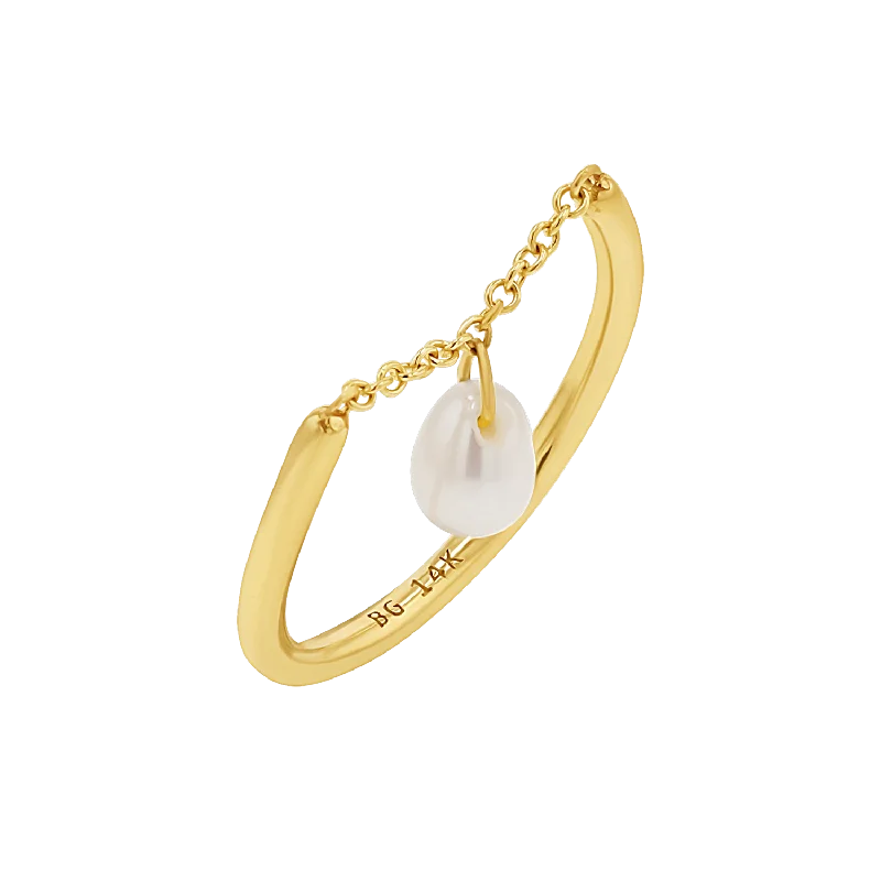 Minimalist Gold Ring-Solitaire Pearl Drop Chain Ring