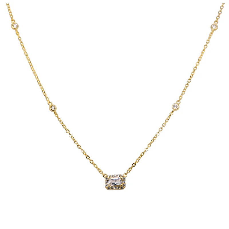 Long Chain Pendant Necklace-"EMILY" Baguette Solitaire CZ Necklace