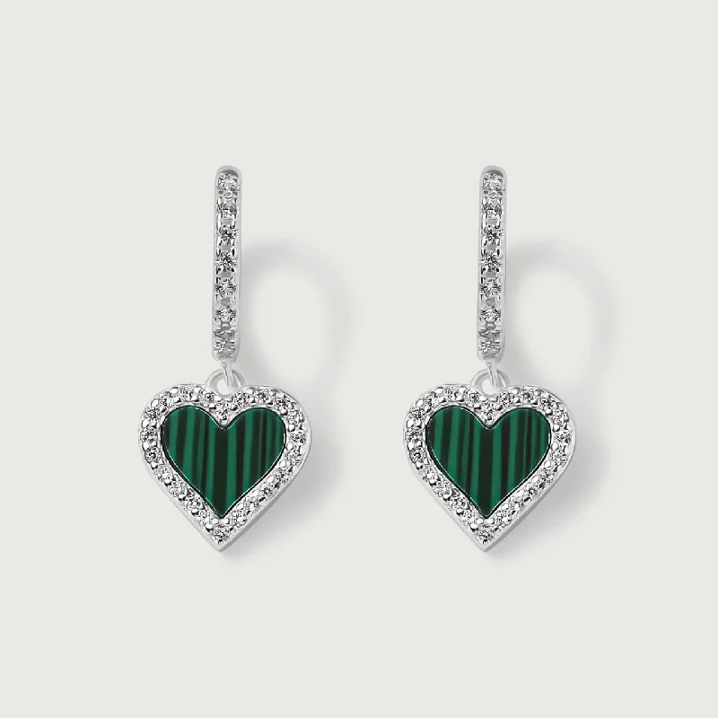 Fancy Earrings for Weddings-Modern Love Malachite Heart Hoops