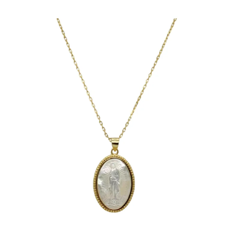 Long Chain Necklace for Women-"MELINA" Virgin Mary Oval MOP Necklace