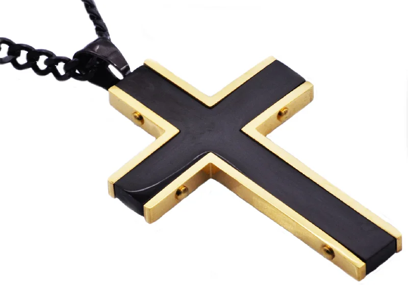 Geometric Gold Necklace-Mens Black And Gold Stainless Steel Cross Pendant Necklace