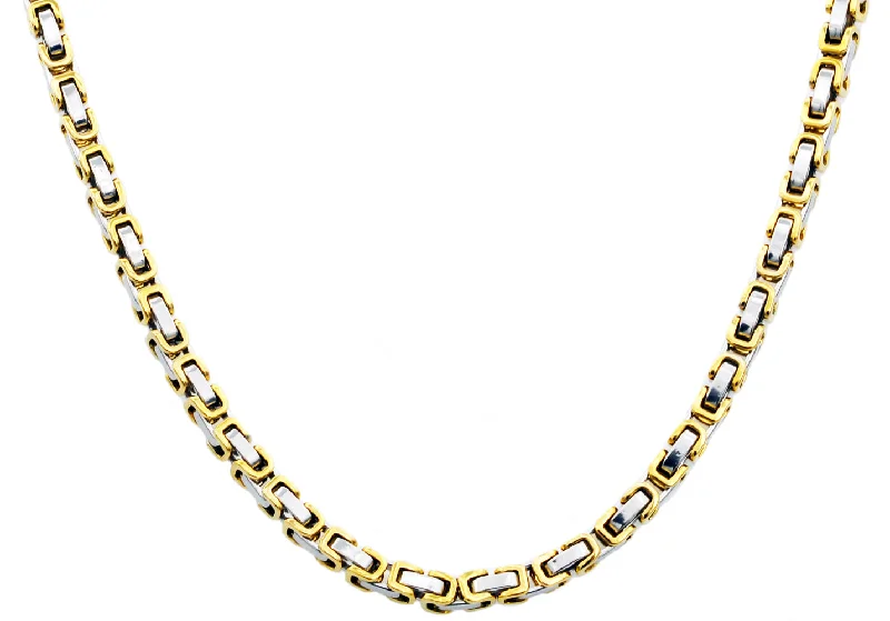 Dainty Necklace for Girls-Mens 4mm Two-Toned Gold and Stainless Steel Byzantine Link Chain Necklace