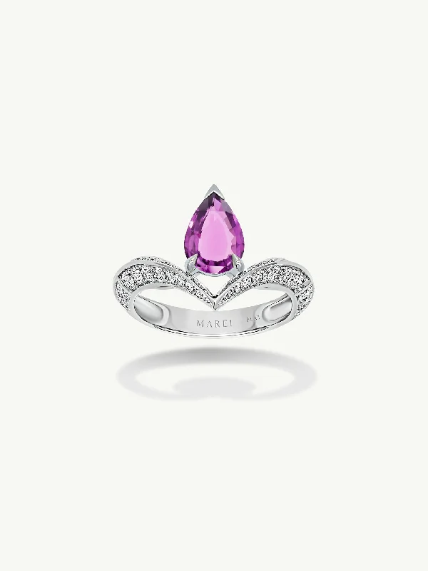 Large Gemstone Ring-Dorian Floating Teardrop-Shaped Vivid Pink Sapphire Engagement Ring In Platinum