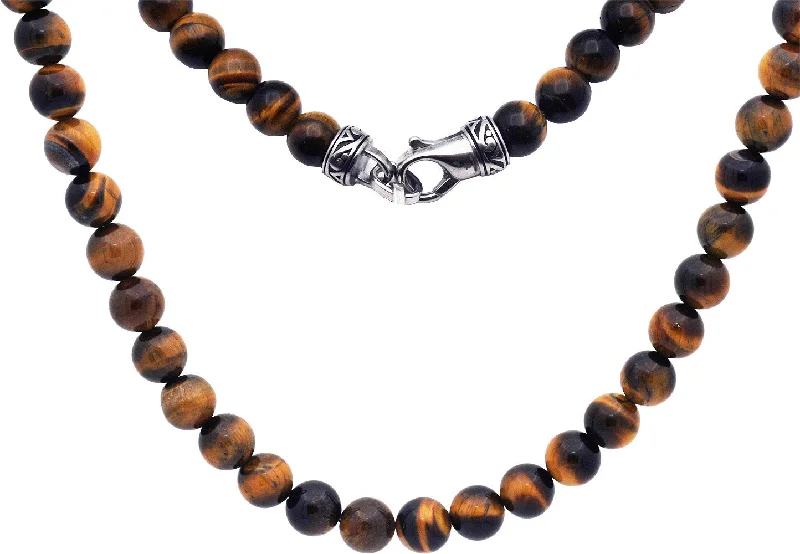 Chunky Chain Necklace-Mens Genuine 8mm Tiger Eye Stainless Steel Beaded Necklace