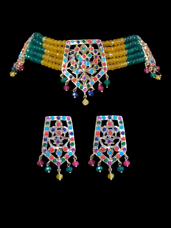 Handmade Bead Earrings-C88 Indu Hyderabadi Jadau choker with earrings In Navratan beads ( READY TO SHIP)