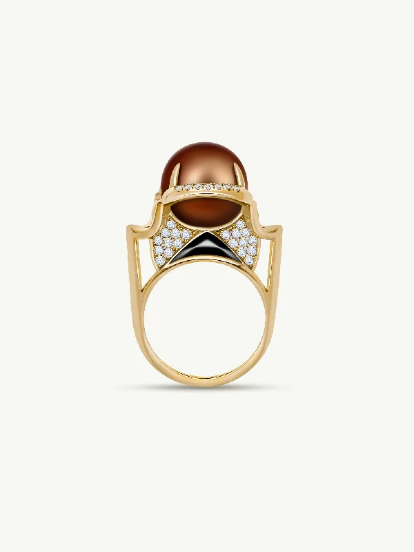 Minimalist Gold Ring-Isis Goddess Ring With Japanese Akoya Chocolate Pearl & Pavé-Set Brilliant White Diamonds In 18K Yellow Gold