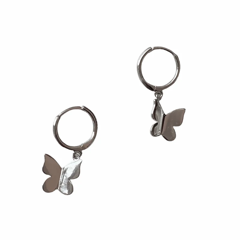 Silver Earrings with Diamonds-Butterfly Charm Huggies