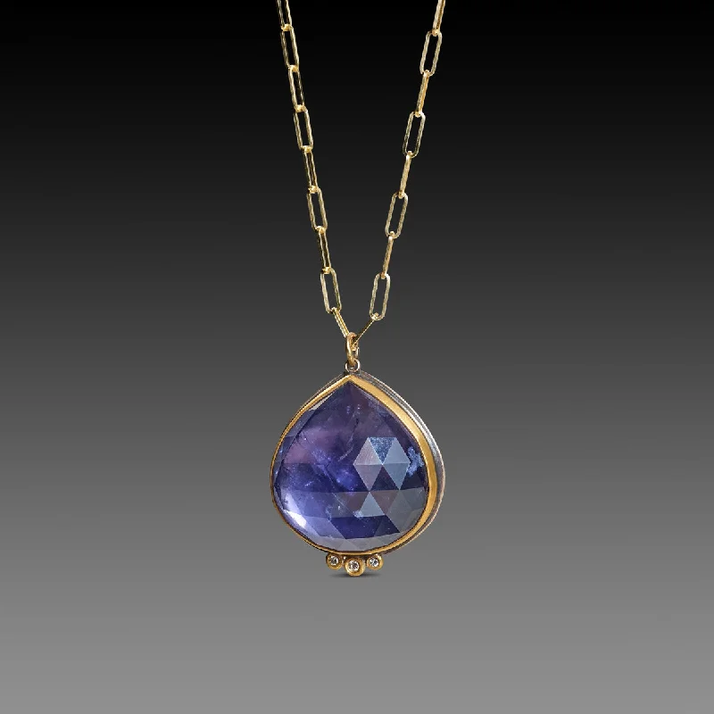 Geometric Crystal Necklace-Iolite Teardrop Necklace with Diamond Trio