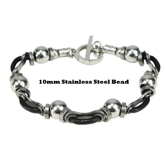 Leather Braided Bracelet-Stainless Steel Leather Link & Bead Bracelet - Wholesale