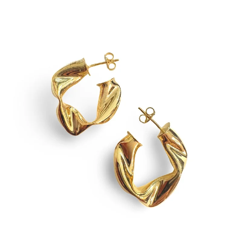 Long Diamond Earrings-18K Gold Filled Krinkle Hoops