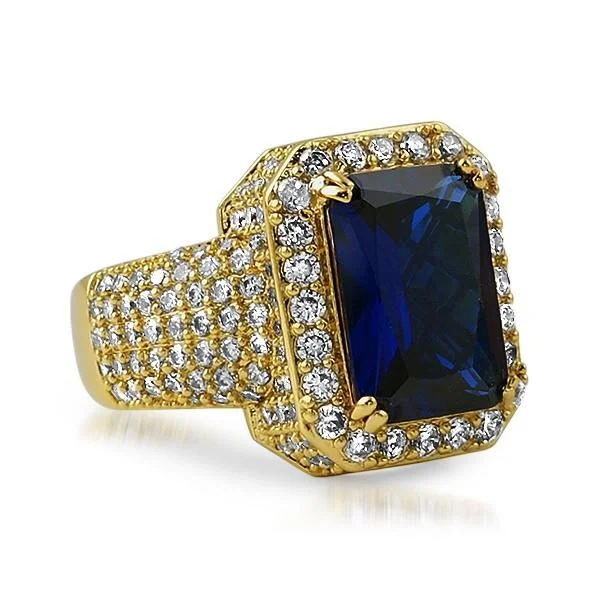 Handmade Gold Ring-Fully iced Out Lab Sapphire Hip Hop Gold Ring